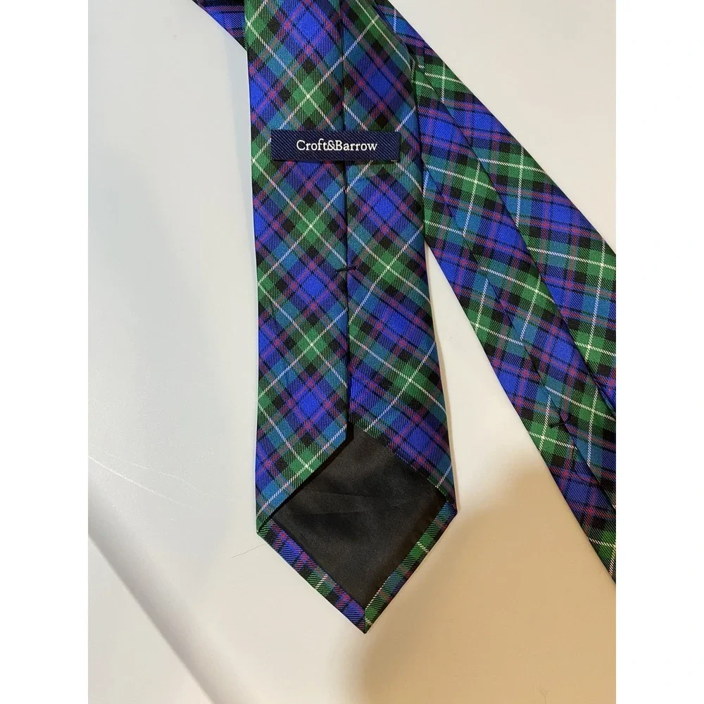 Croft‎ & Barrow Mens Classic 100% Silk NeckTie Plaid Tartan Blue Green - Picture 2 of 7
